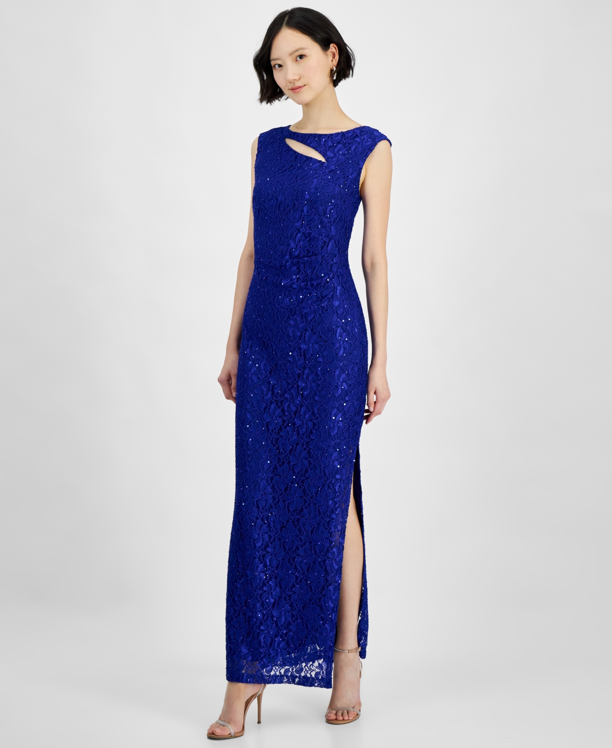 Women's Lace Cutout Cap-Sleeve Gown - Cobalt Blue