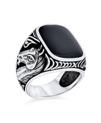 Natural Black Onyx Equestrian Stallion Horse Ring Sterling Silver