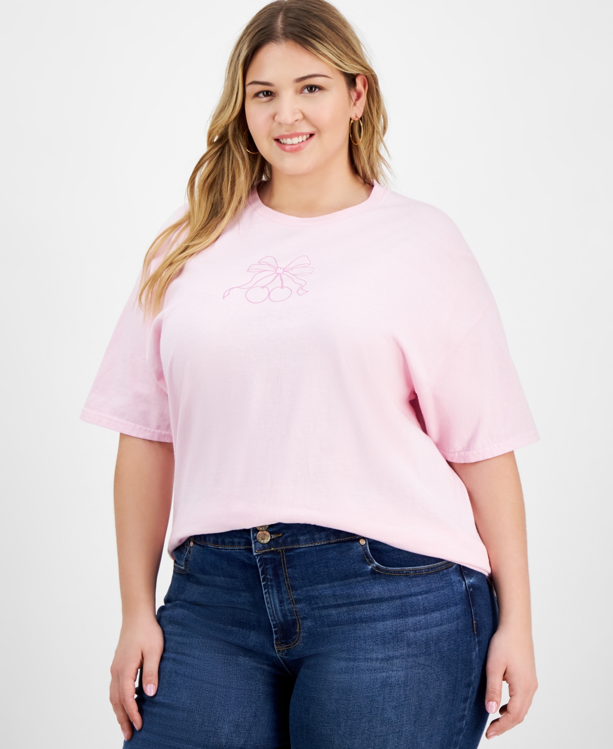 Rebellious One Trendy Plus Size Cotton Cherry Bow T-shirt In Icey Pink