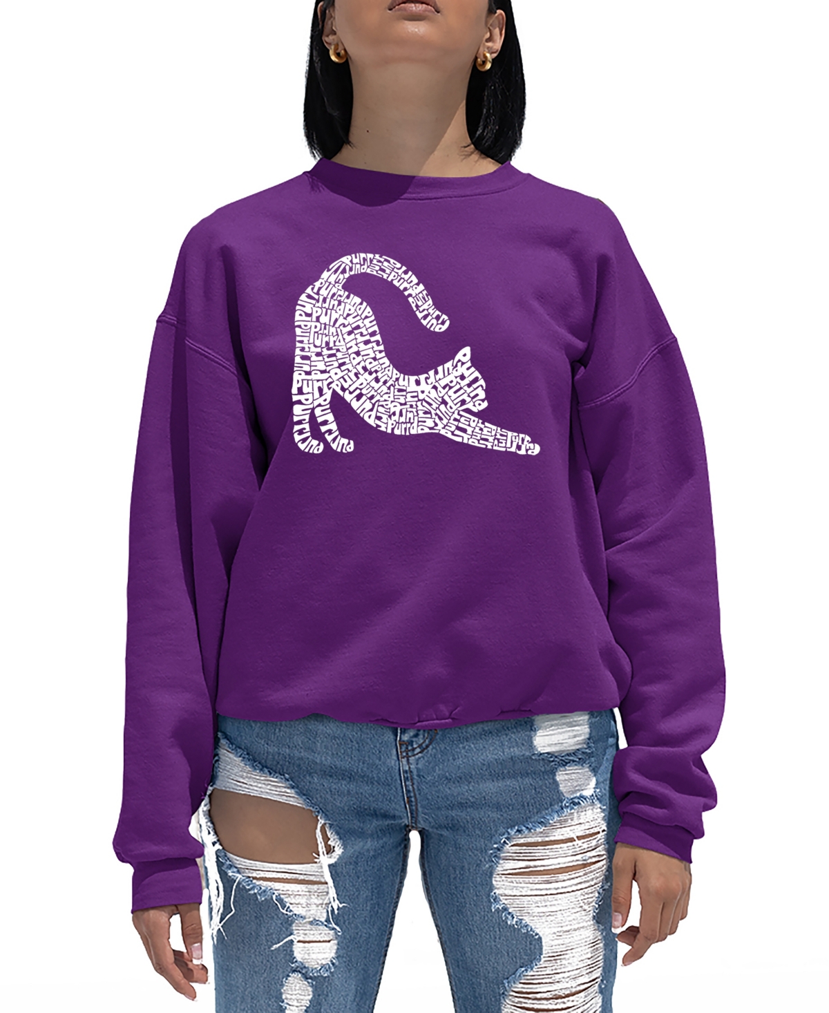 LA POP ART WOMEN'S STRETCHING CAT WORD ART CREWNECK SWEATSHIRT 
