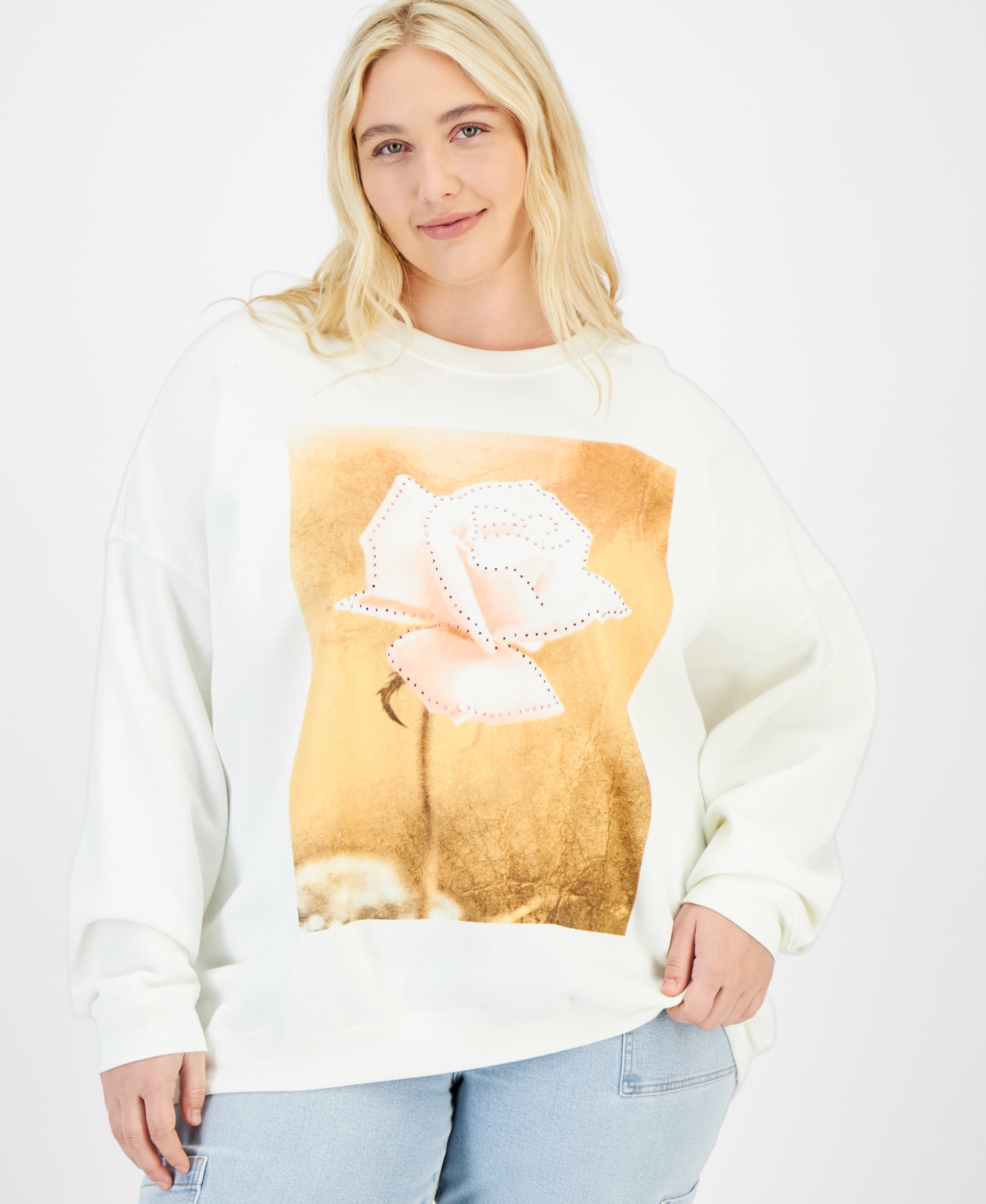 Trendy Plus Size Rose Graphic Sweatshirt - White