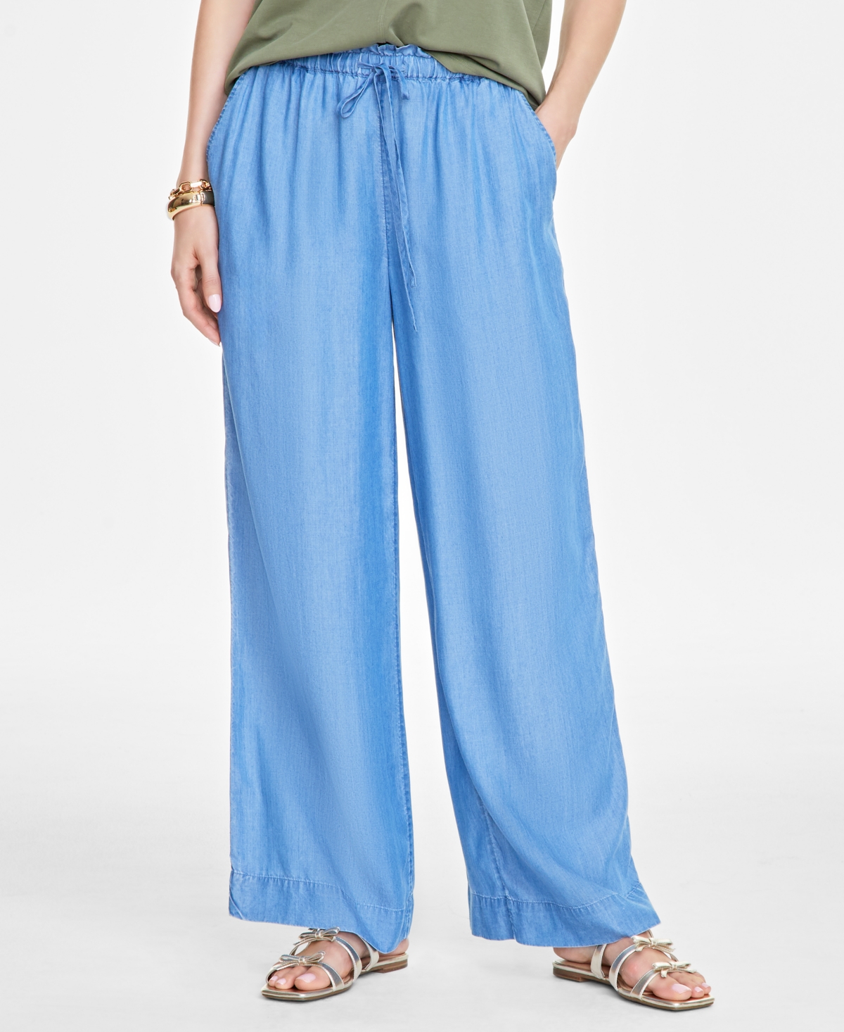 On 34th Women's Chambray Drawstring Wide-leg Pants, Created For Macy's In Spring Wash