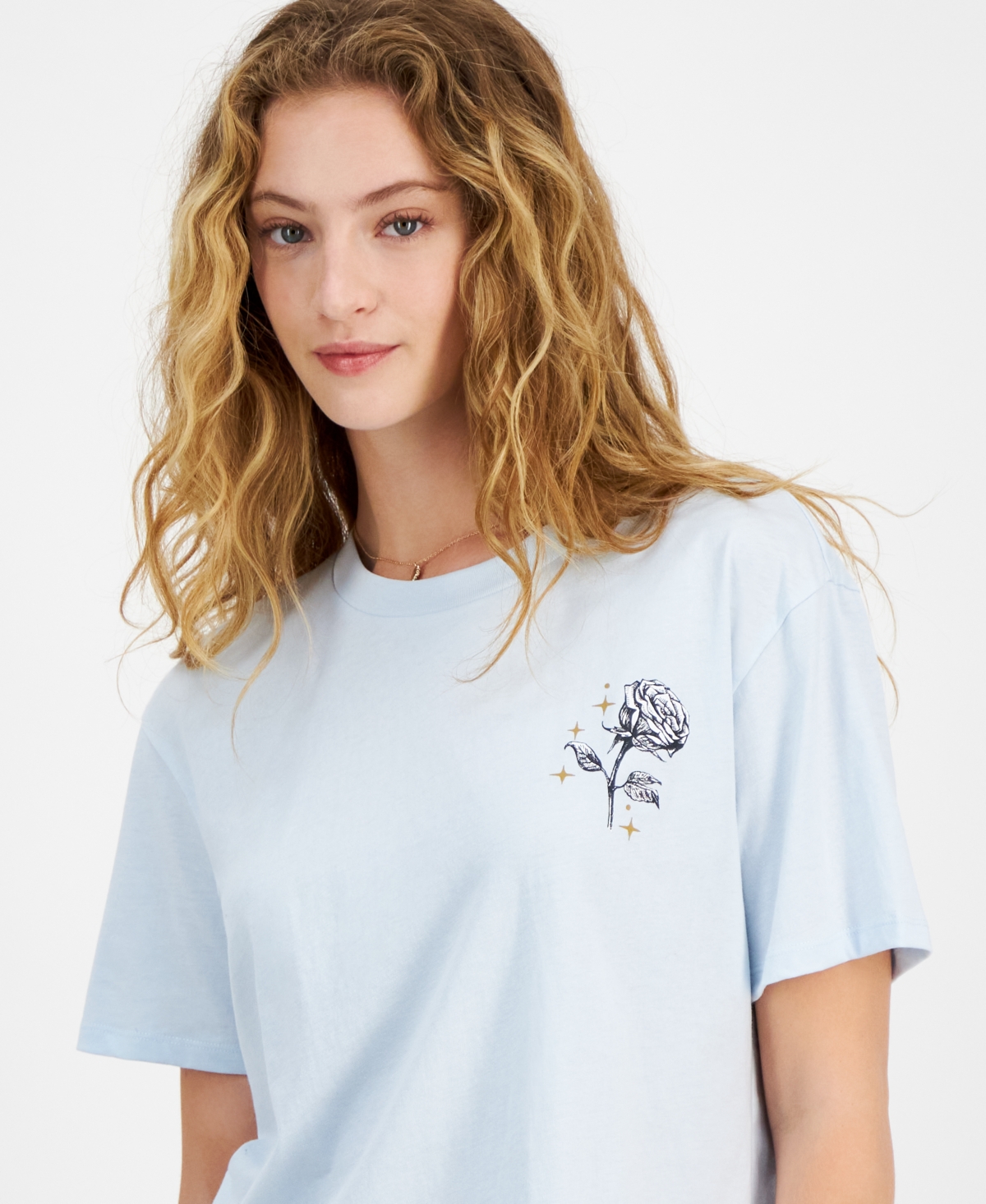 Rebellious One Juniors' Celestial Rose Graphic T-shirt In Delicate Blue