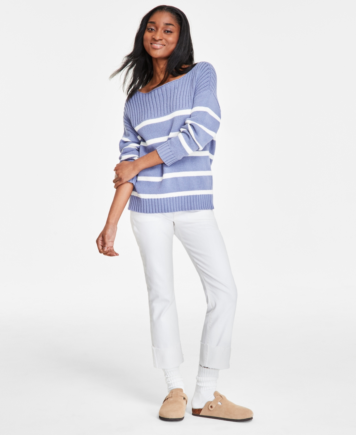 Shop Lucky Brand Women's Striped Boat-neck Sweater In Stonewash Stripe