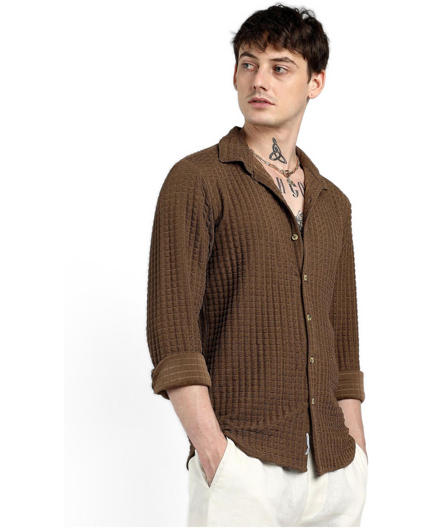 Мужская рубашка Cahoot Campus Sutra Chocolate Brown Cube-Textured, цвет: Коричневый — фото 4