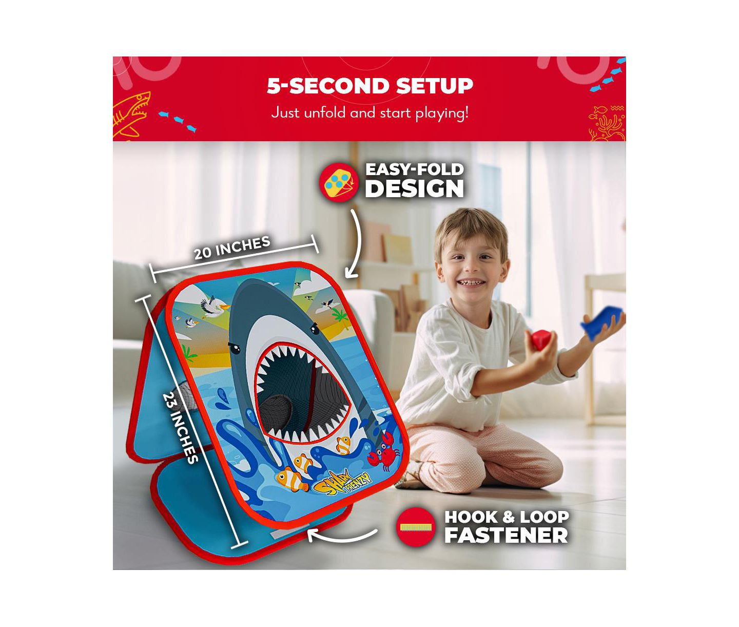 Детские игрушки SWOOC Shark Frenzy 2-in-1 Foldable Bean Bag Toss Game, 20"W x 23"H, Ages 2+ — фото 3
