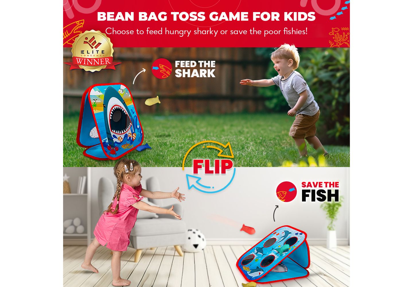 Детские игрушки SWOOC Shark Frenzy 2-in-1 Foldable Bean Bag Toss Game, 20"W x 23"H, Ages 2+ — фото 4