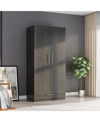 White 2-Door Wardrobe Armoire with 1-Drawers and Hanging Rod