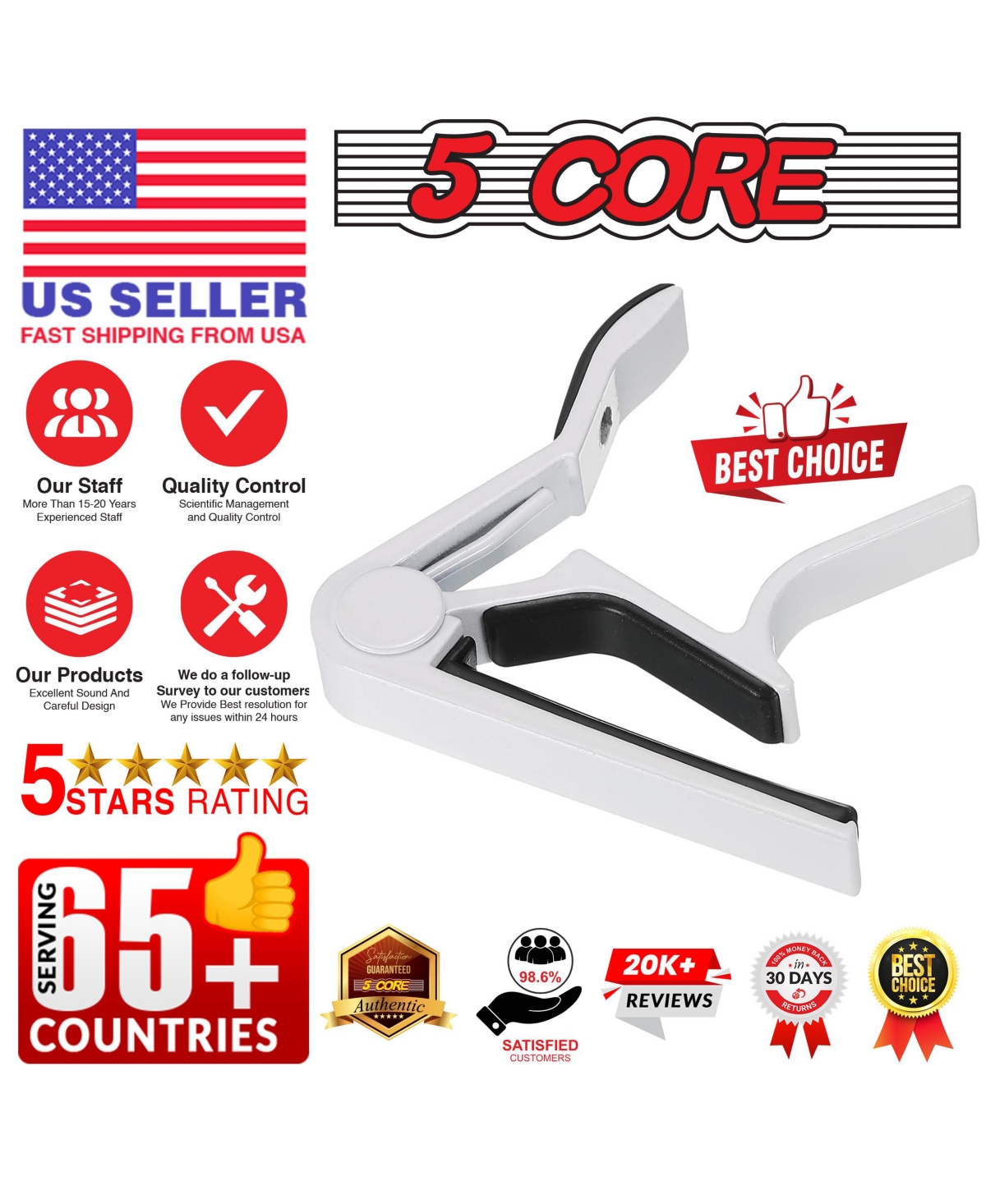 5 Core Capo Acoustic Electric Guitar 6 String Kapo Classic Clip For Banjo Mandolin Ukulele -- 2PCS - White