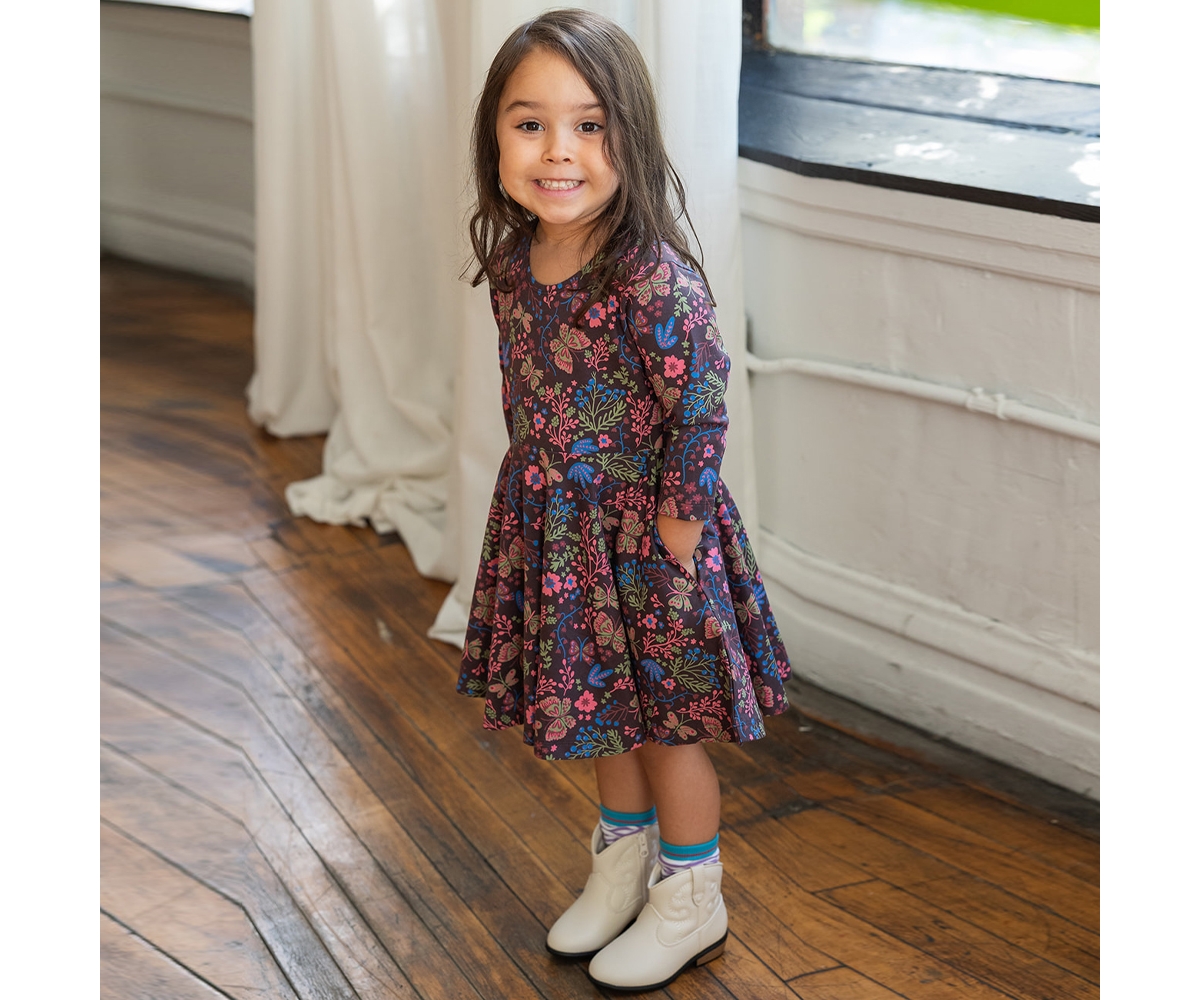 Mightly Toddler Girls Fair Trade Organic Cotton Print 3/4 Sleeve Twirl Dress
