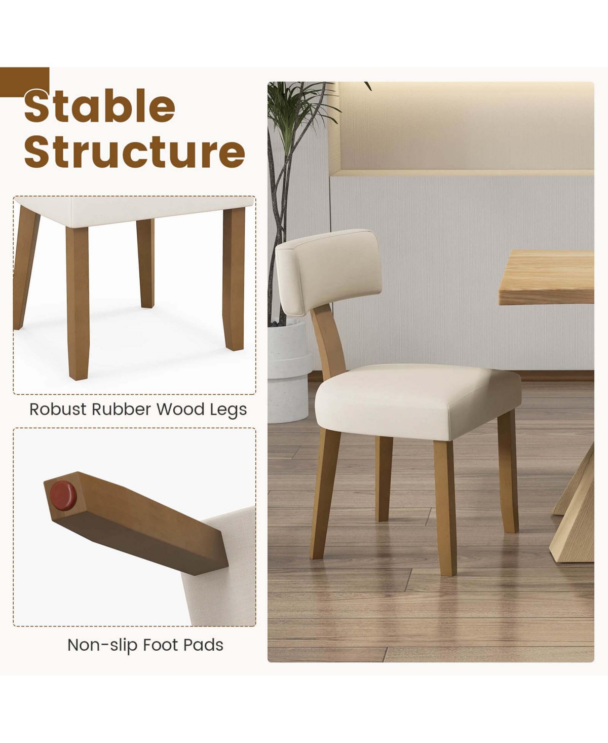 Costway Set of 2 Armless Dining Chairs with Curved Backrests & Padded Seat Cushions -khaki