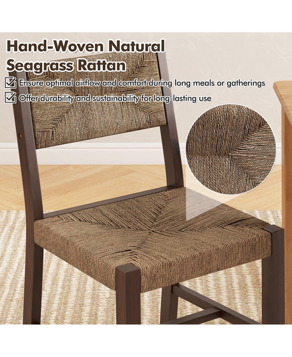 Gymax Wooden Dining Chair Set of 2 w/ Natural Weave Seagrass Rattan Backrest & Seat - Natural + brown