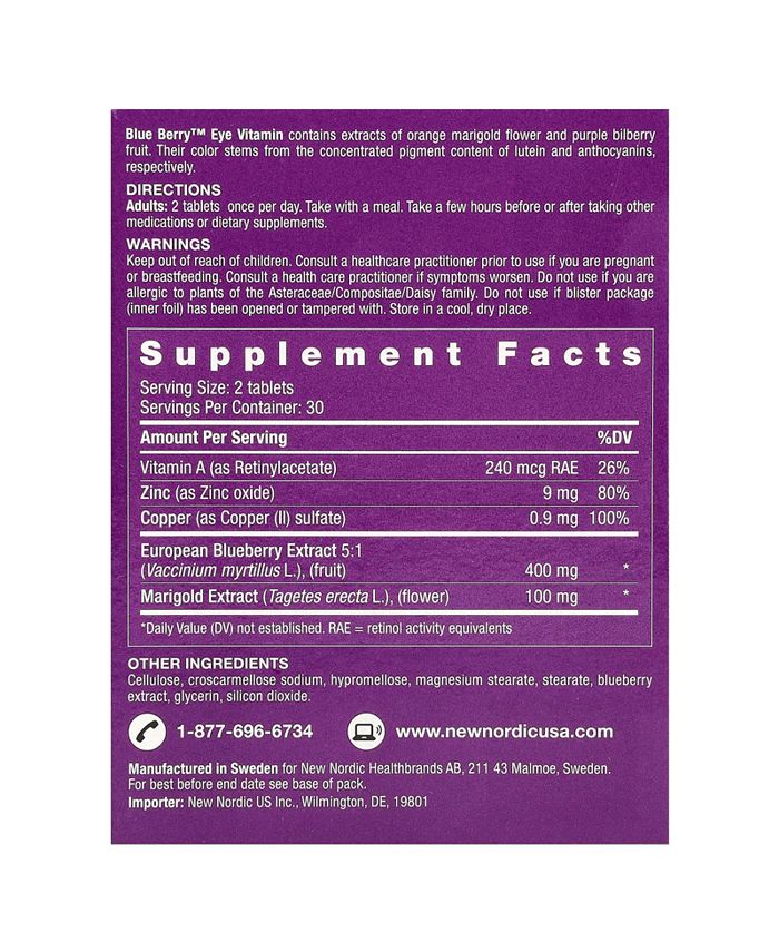 New Nordic Blue Berry Eye Vitamin | Eye & Vision Support Supplement | Lutein & Bilberry | - 60 Count