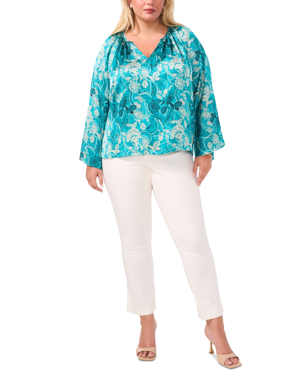 VINCE CAMUTO PLUS SIZE PRINTED SPLIT-NECK LONG-SLEEVE BLOUSE, CREATED FOR MACY'S 