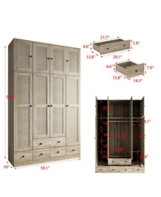 Brown Rattan Doors Wardrobe with 5-Drawers,2-Hanging Rods,Top Cabinet