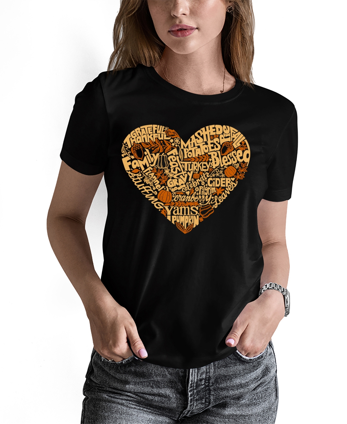 Shop La Pop Art Women's Thanksgiving Heart Word Art Crew Neck T-shirt In Black