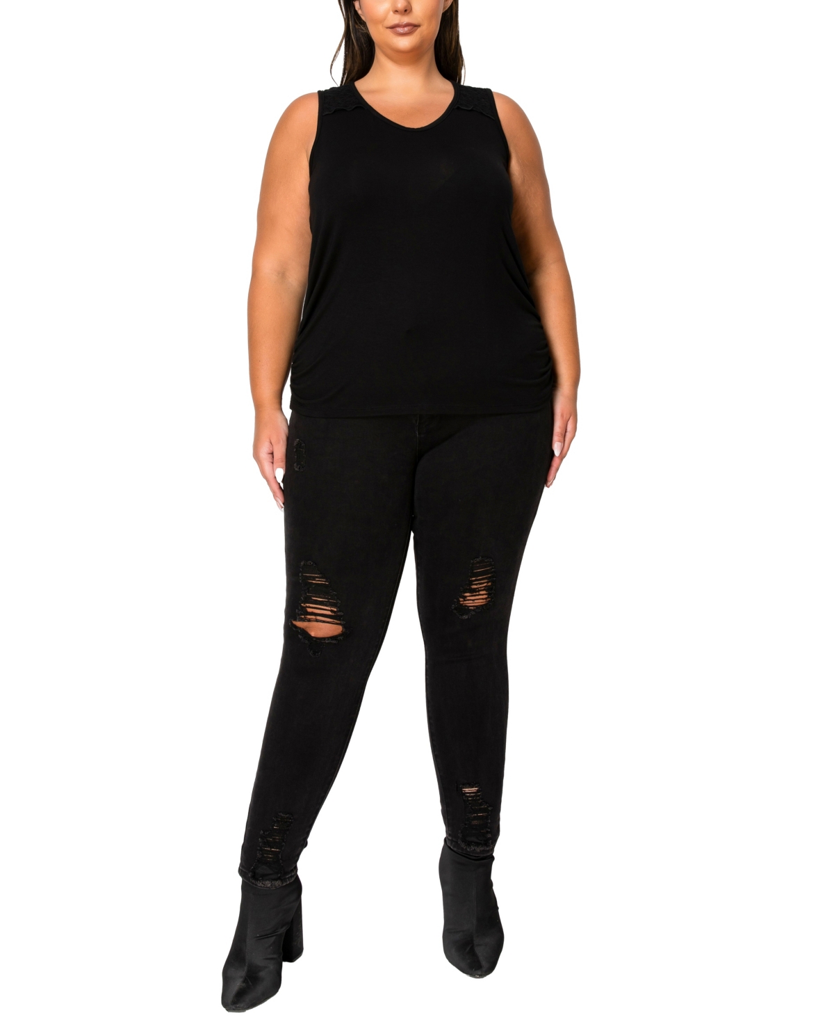 Coin 1804 Plus Size Lace Yoke V-Neck Side Ruched Tank Top