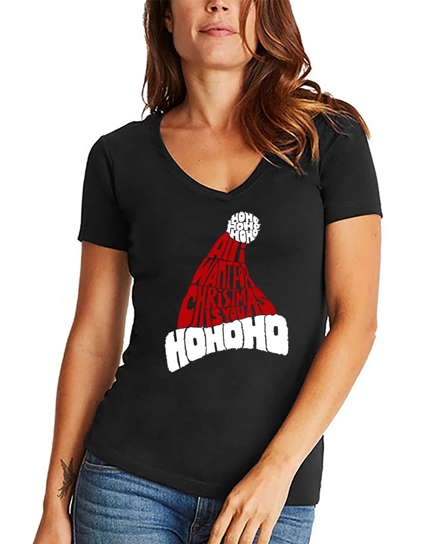 Женская футболка LA Pop Art All I Want for Christmas Is You Word Art V-Neck, цвет: Чёрный — фото 1