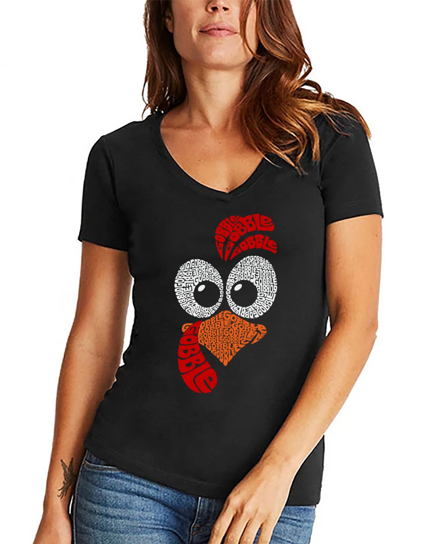 Женская футболка LA Pop Art Turkey Face Word Art V-Neck, цвет: Чёрный — фото 1