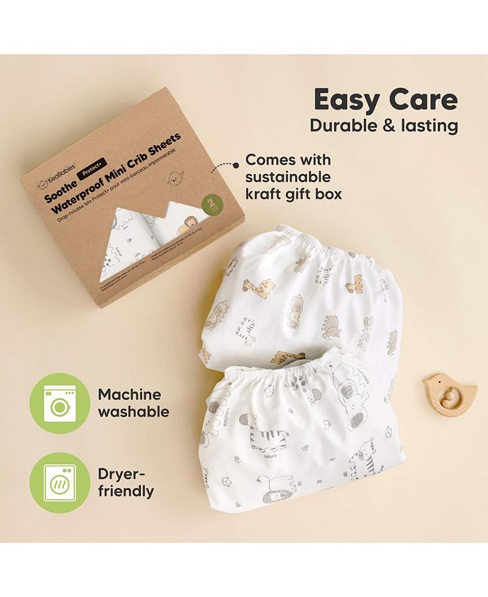 KeaBabies 2pk Soothe Waterproof Fitted Mini Crib Sheets for Girl, Boy, 100% Organic Soft Cotton Pack and Play Sheets - Gray