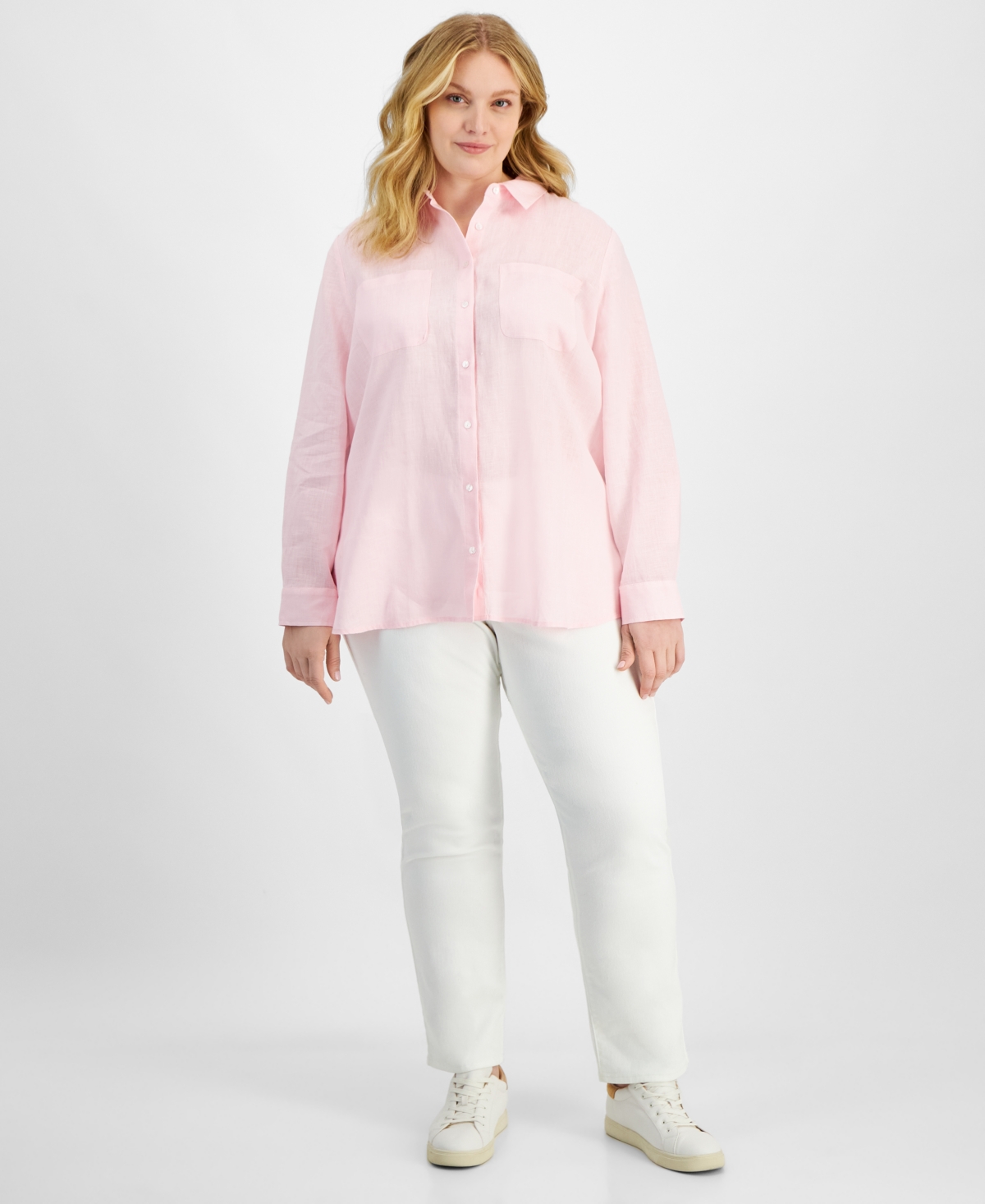 CHARTER CLUB PLUS SIZE 100% LINEN ROLL-TAB SHIRT, EXCLUSIVELY AT MACY'S 