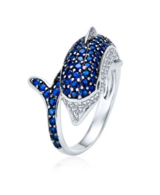 Pave Navy Blue Cubic Zirconia Bypass Dolphin Band Ring Black Silver Plated Brass