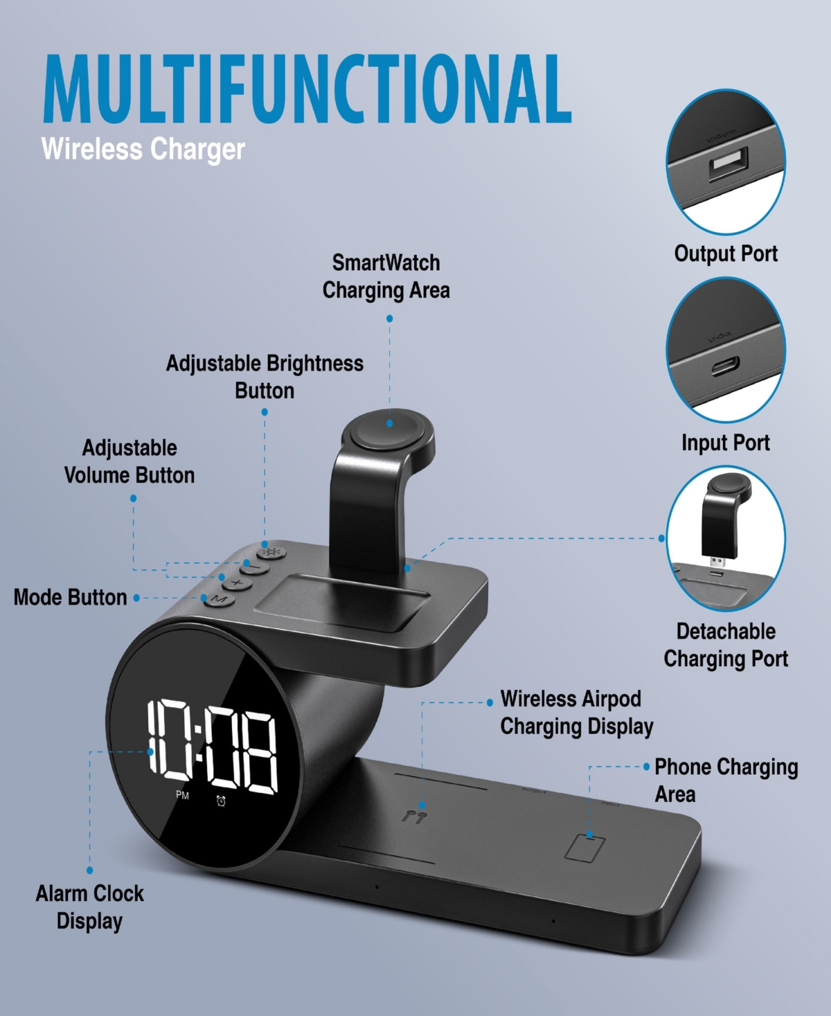 Brookstone 3-in-1 Wireless Charging Stand and Alarm Clock for iPhone, Airpods, and Apple Watch