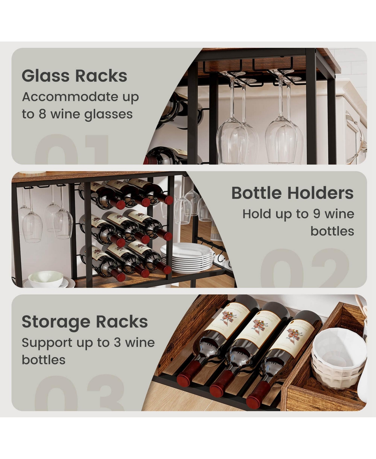 Costway 3 Tiers Bar Cart Home Serving Cart on Wheels with Glass Racks Wine Holders