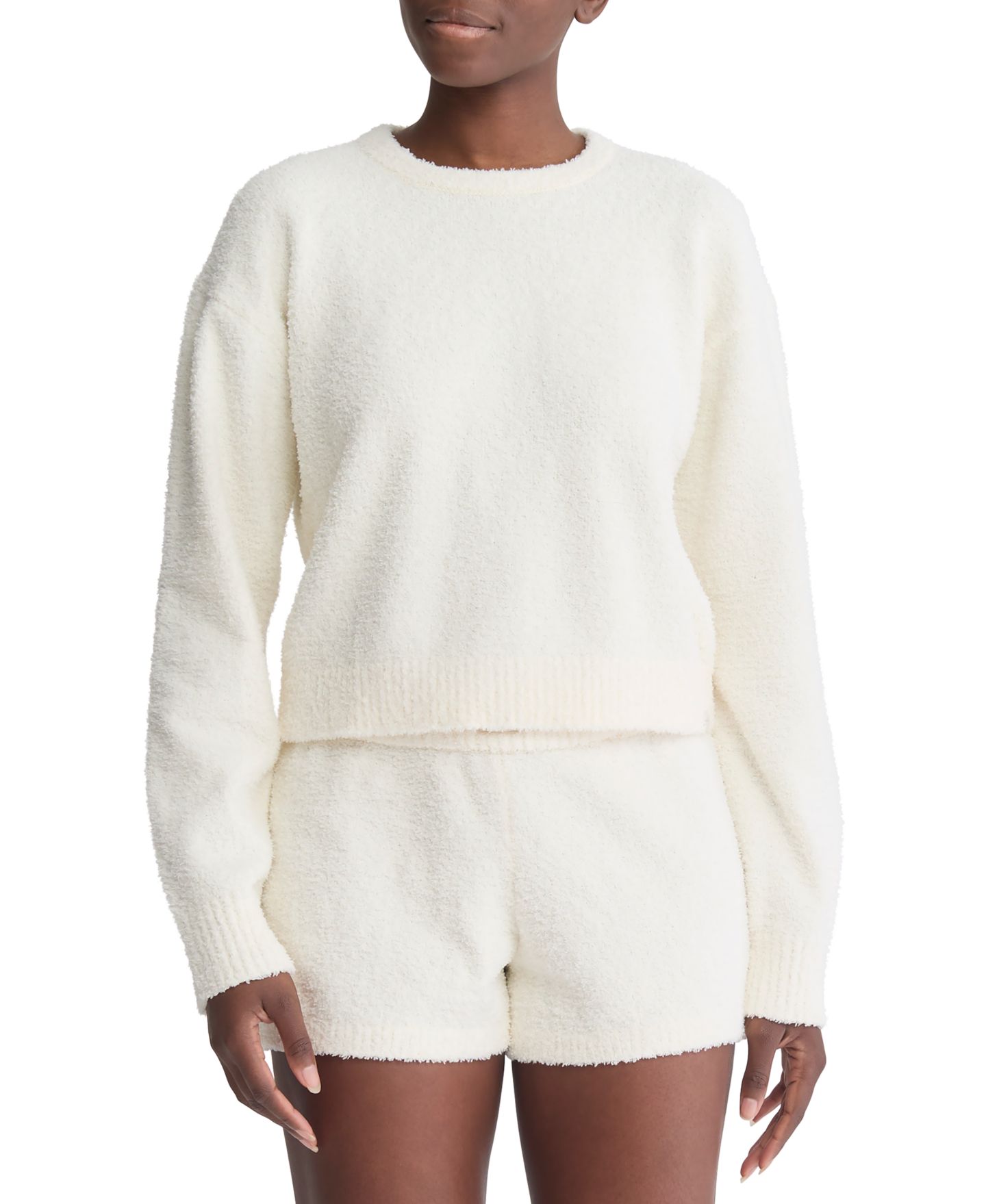 Женская толстовка Calvin Klein Cropped Plush Lounge Sweatshirt, цвет: Слоновая кость — фото 1