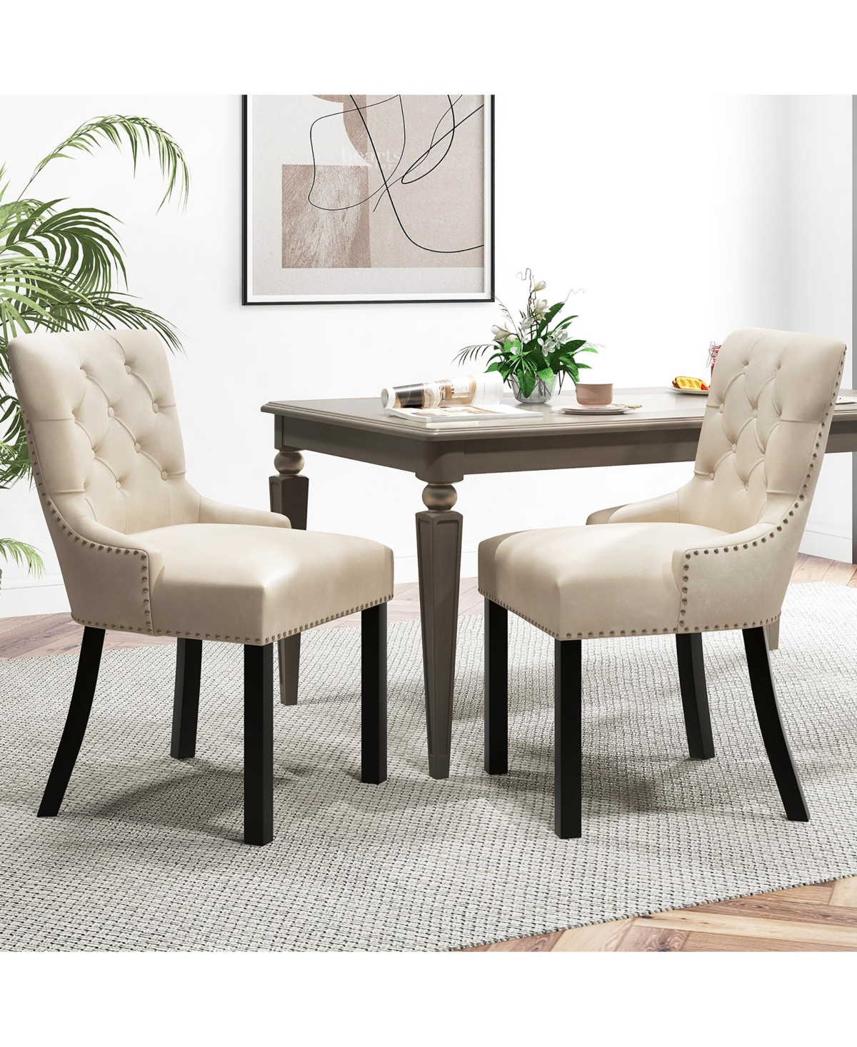 Gymax Upholstered Dining Chairs Set of 2 w/ Rubber Wood Legs Padded Seat Nailhead Trim Beige - Light beige+black