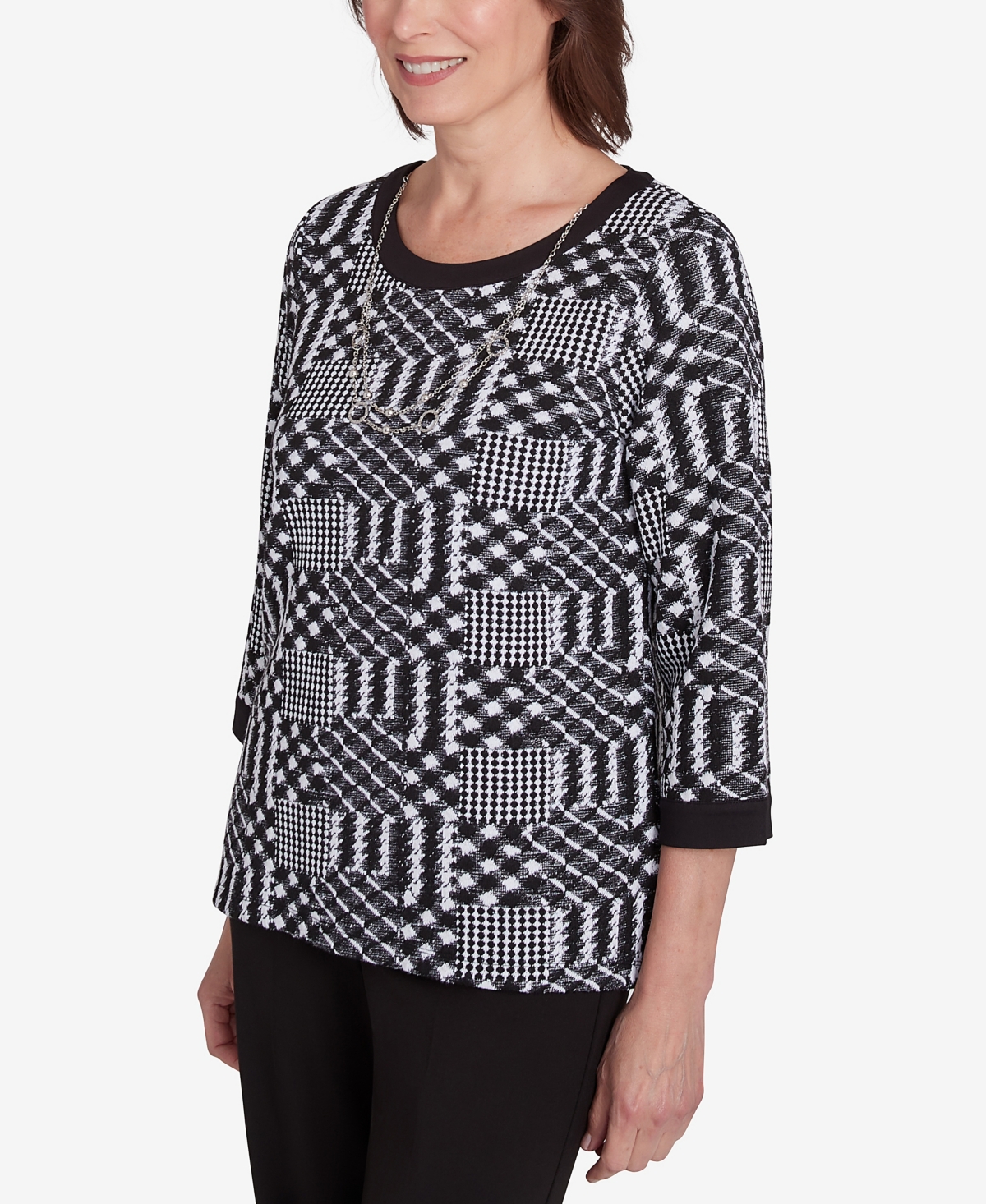 Alfred Dunner Runway Ready Women's Houndstooth Textured Top In Multi Black