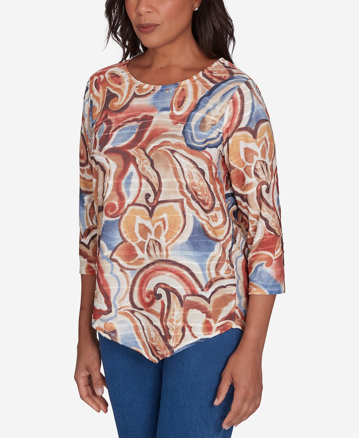 Alfred Dunner Petite Harvest Moon Watercolor Paisley Crew Neck Top