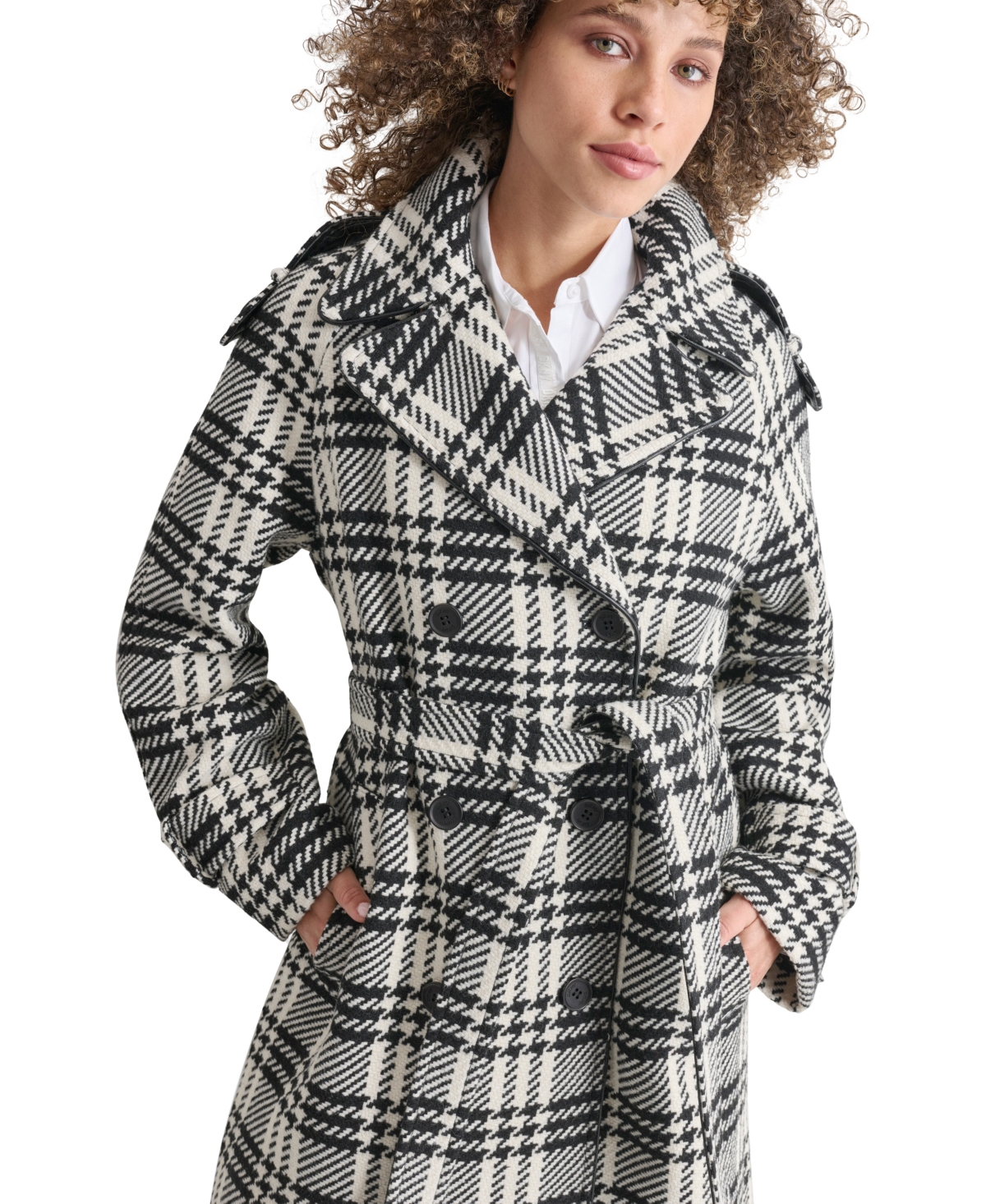 Shop Dkny Women's Wool Blend Double-breasted Wrap Coat In Black,white Plaid