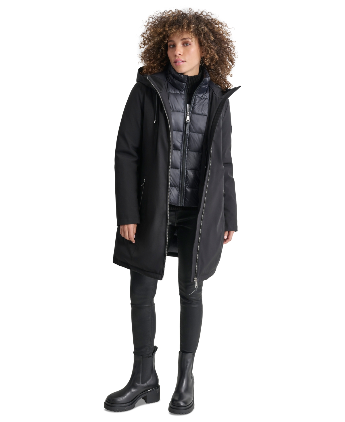 Dkny Womens Hooded Bibbed Zip-Front Puffer Coat