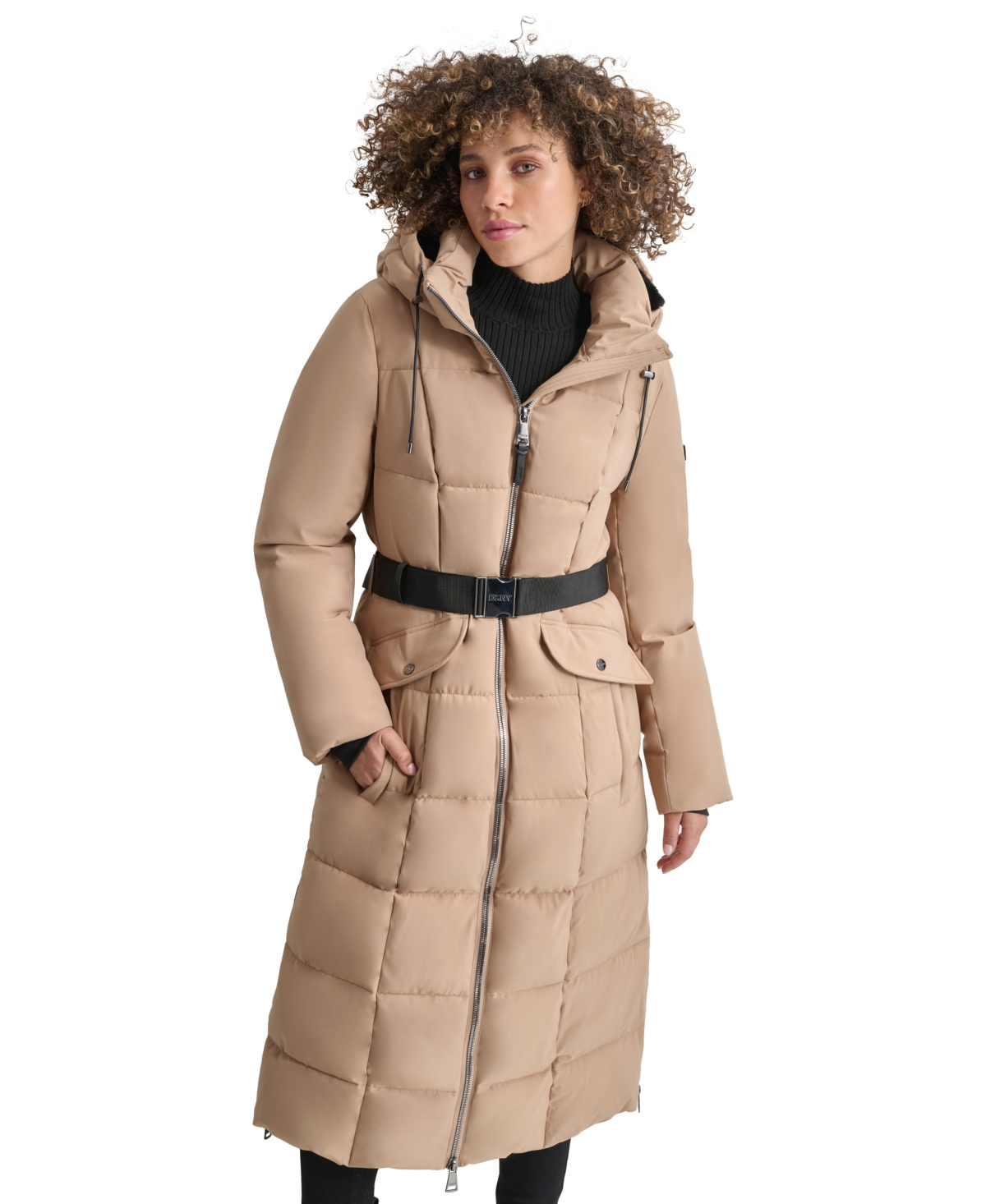 Shop Dkny Womens Maxi Belted Hooded Puffer Coat In Camel