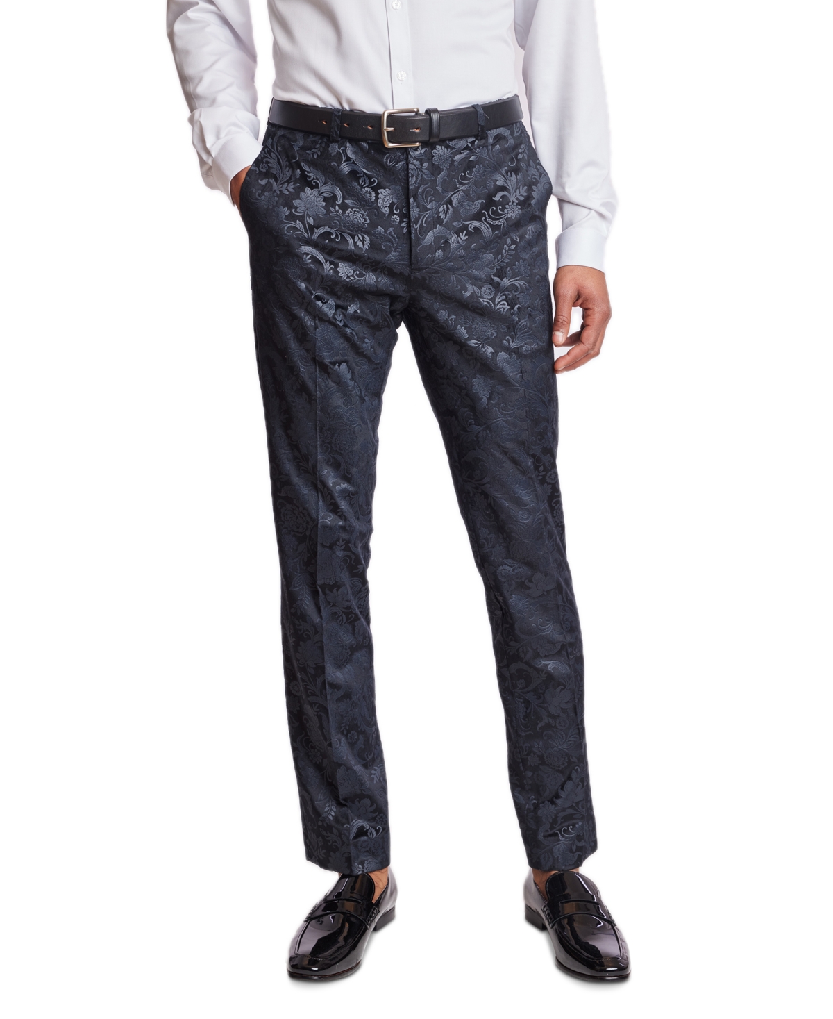 Men's Sloane Slim Fit Black Floral Velvet Tuxedo Pants - Black Floral Velvet