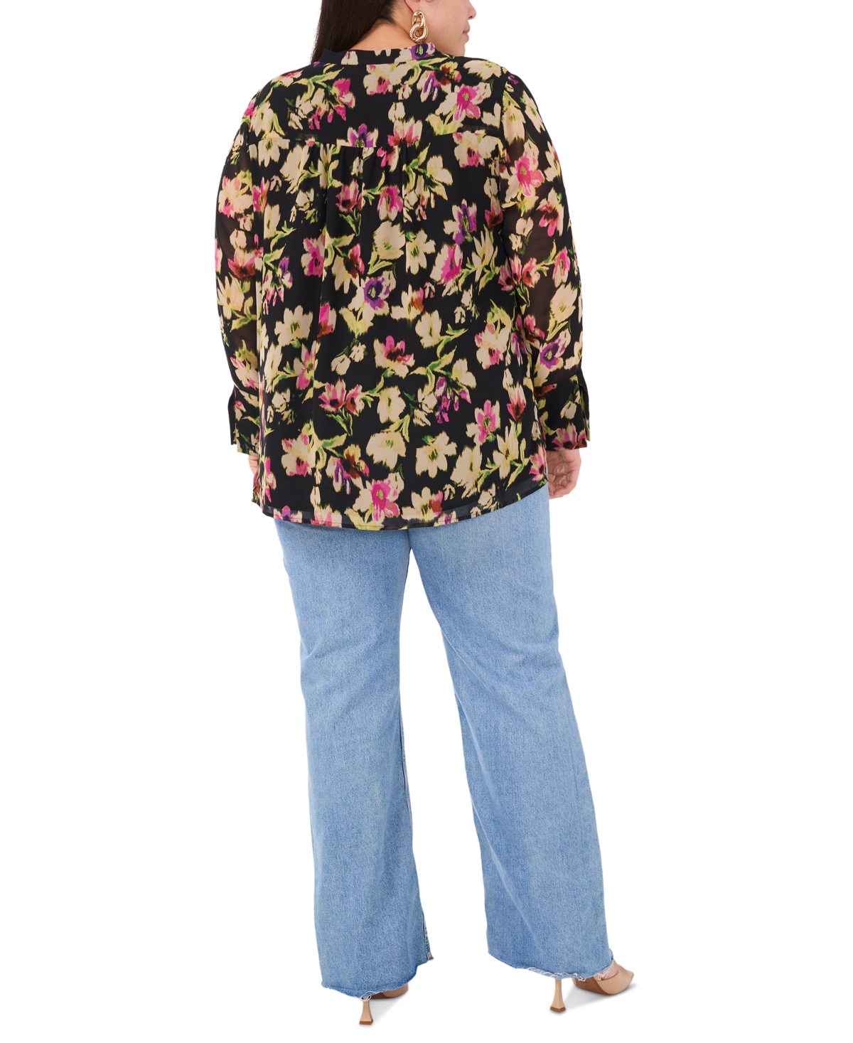 Vince Camuto Plus Size Floral-Print Split-Neck Long-Sleeve Top