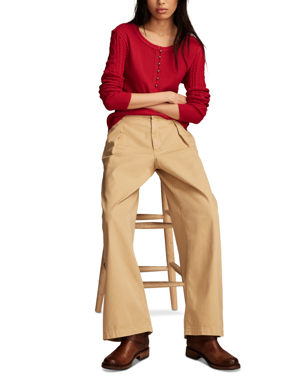 Shop Lucky Brand Women's Cotton Textured Mixed-sleeve Henley Top In Jester Red