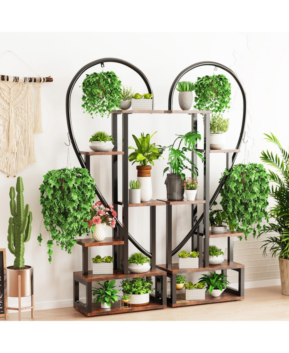 Unho 2 Pack Half Heart Shaped Ladder Planter Pot Holder Multilayer Display Shelf - Black  brown