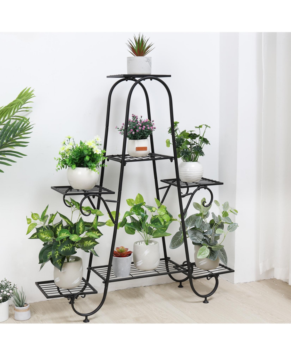 7 Tier Metal Plant Holder Stand Patio Corner Plant Shelf Decorative Flower Stand - Black