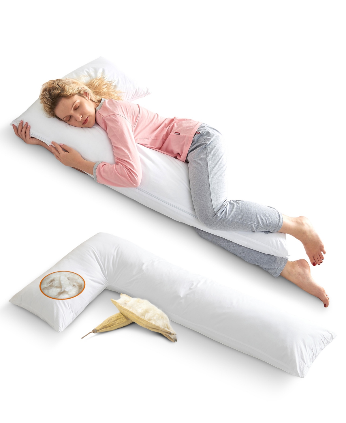 Cheer Collection Natural Kapok L Shape Pillow, 54" X 28" In White