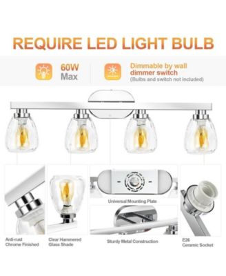 4 Light Bathroom Light Fixtures Chrome with Hammered Glass Shade, Vanity Lighting Fixtures Over Mirror Wall Mount E26 Socket for Hallway Kitchen Bedroom Living Room