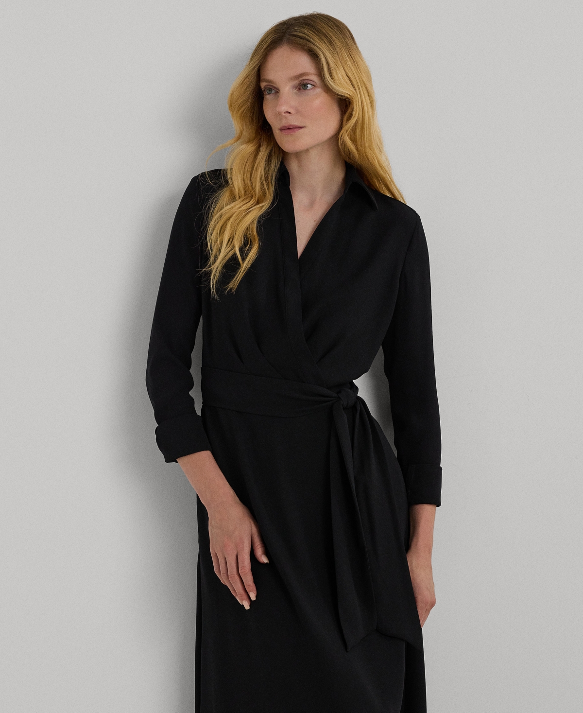 Ralph Lauren Women's Self-belt Long-sleeve Surplice Georgette Midi Dress In Black