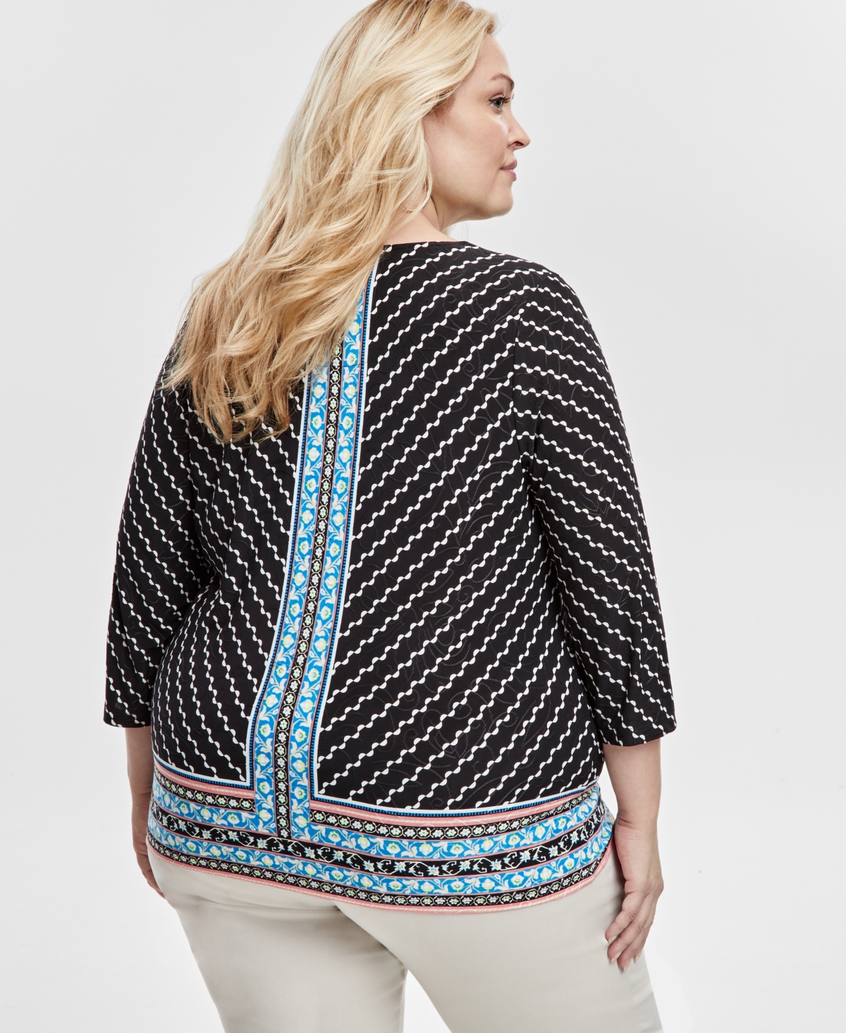 Jm Collection Plus Size Jacquard 3/4-Sleeve Top, Exclusively at Macy's