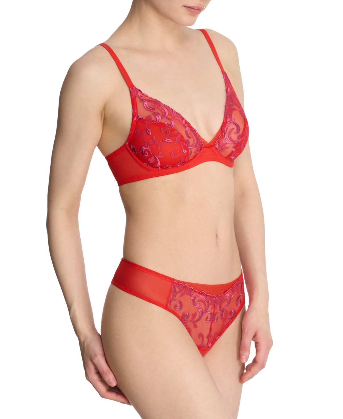 Natori Embroidered Mesh Thong In Neon Red,raspberry Glaze