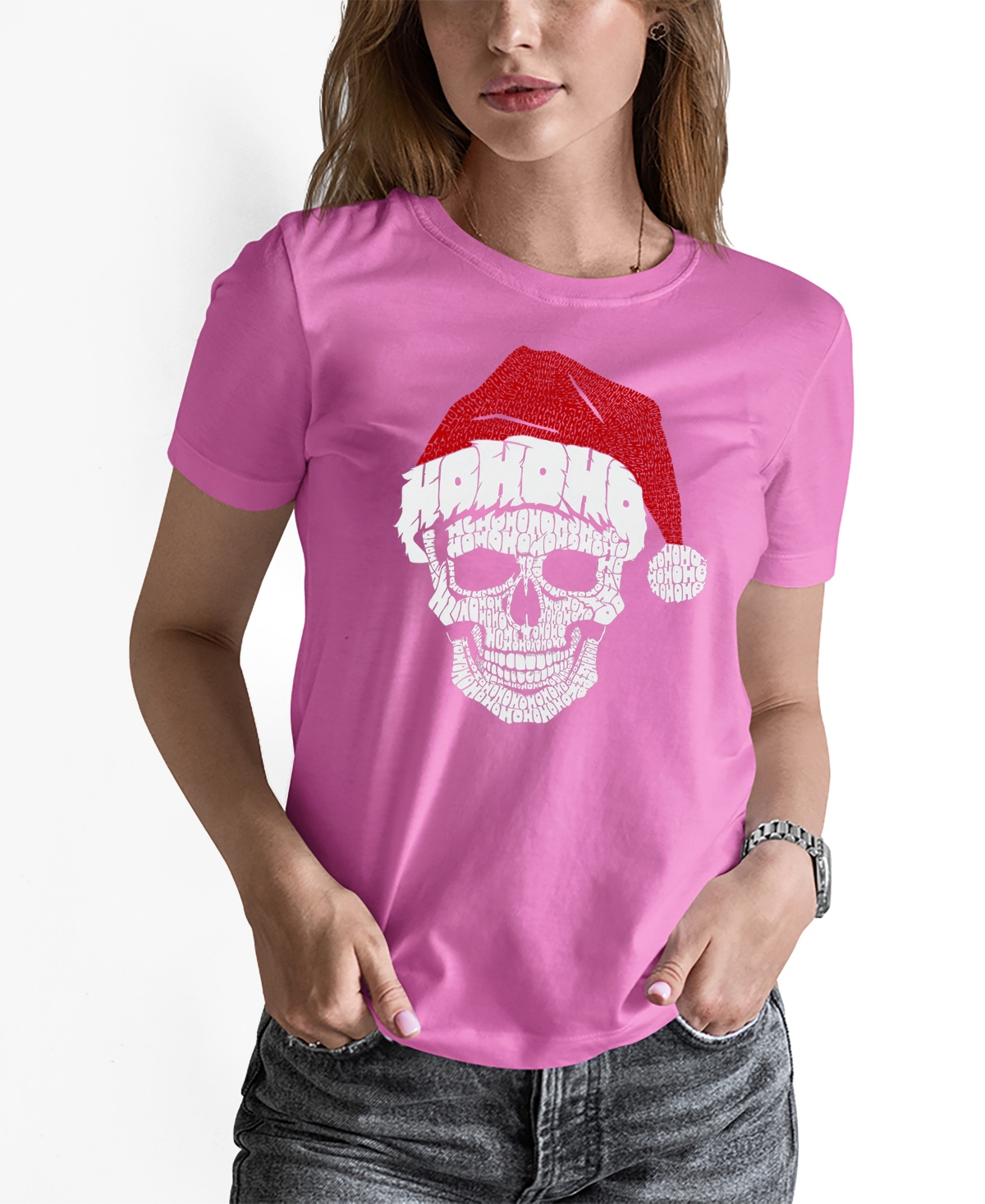 Shop La Pop Art Women's Santa Skull Word Art Crew Neck T-shirt In Pink
