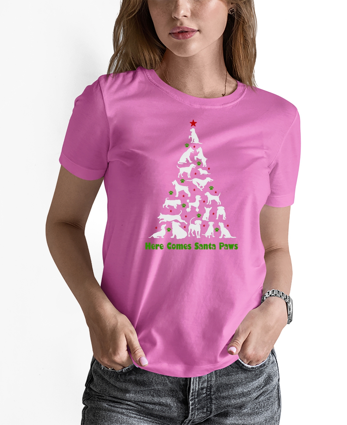 LA POP ART WOMEN'S HERE COMES SANTA PAWS WORD ART CREW NECK T-SHIRT 