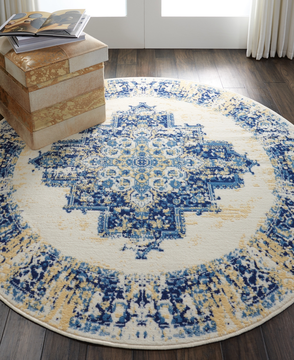 Nourison Home Grafix Grf14 5'3"x5'3" Round Area Rug In White,blue