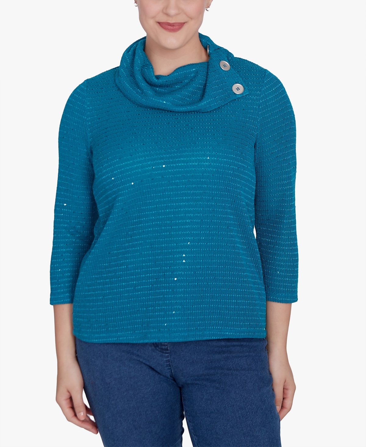 Petite Split Cowl Neck Sequin Knit Top - Jade