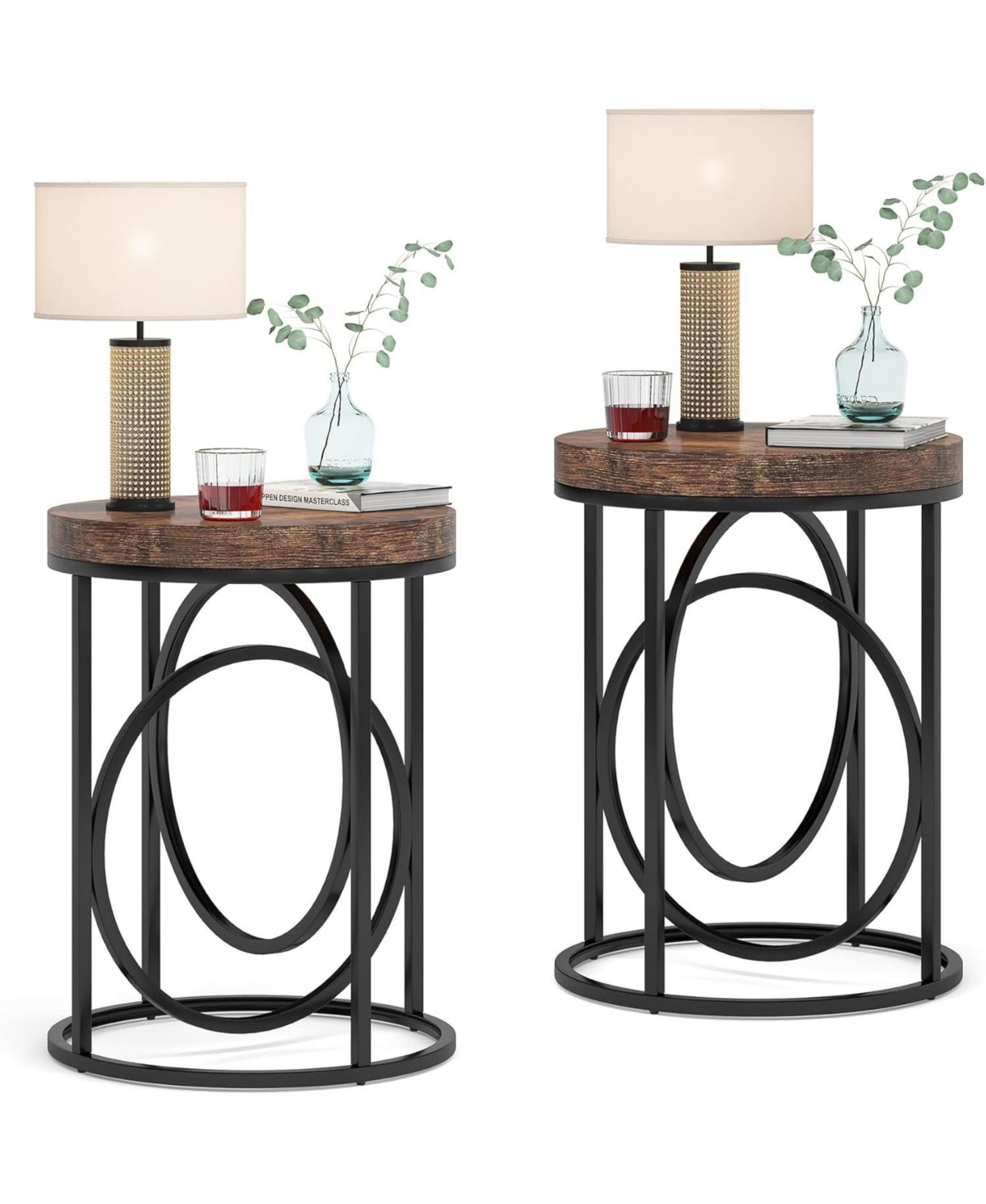 Tribesigns Modern Round End Table Set of Two with Thick Wood Top, 20”Sofa Side Table Coffee Table with Unique Black O-Shaped Base, Midcentury A